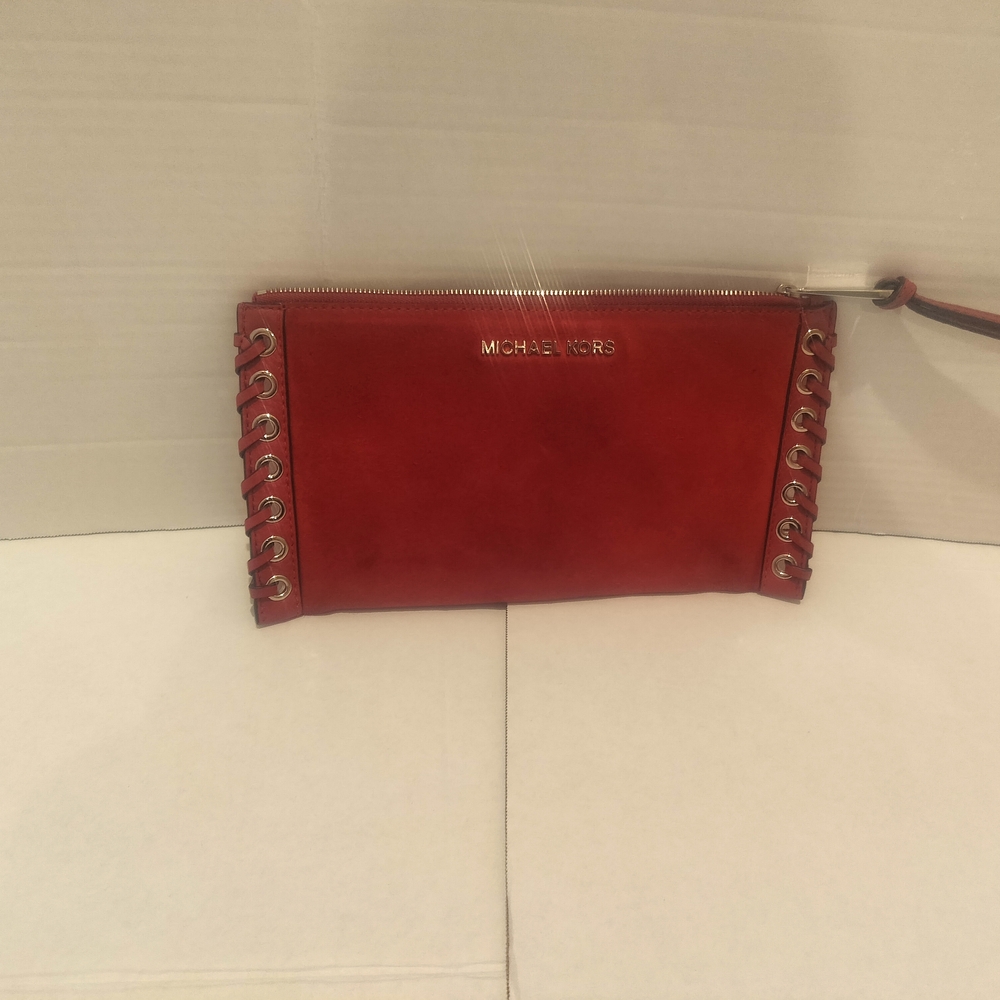 Michael Kors Red Clutch Bag With Silver Letters And Accessories